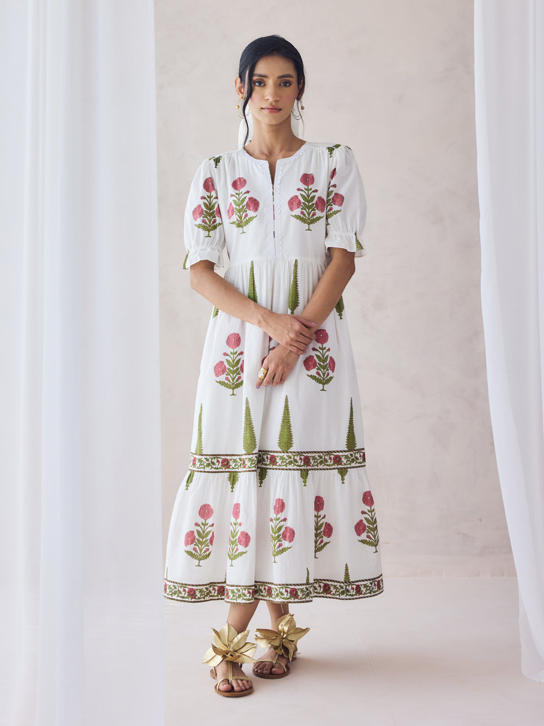 FIORRA Women's Off-White Floral Printed Cotton Midi Dress